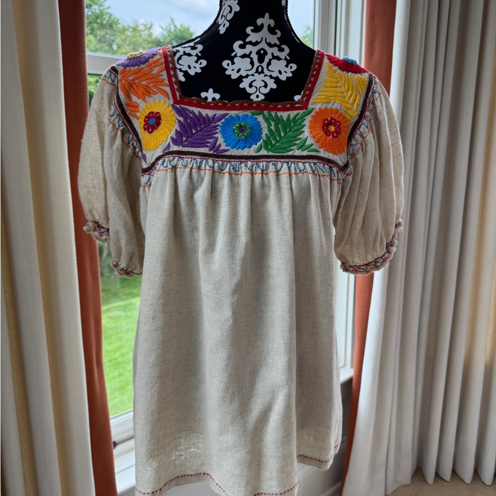White and Blue Embroidered Short Sleeve Blouse